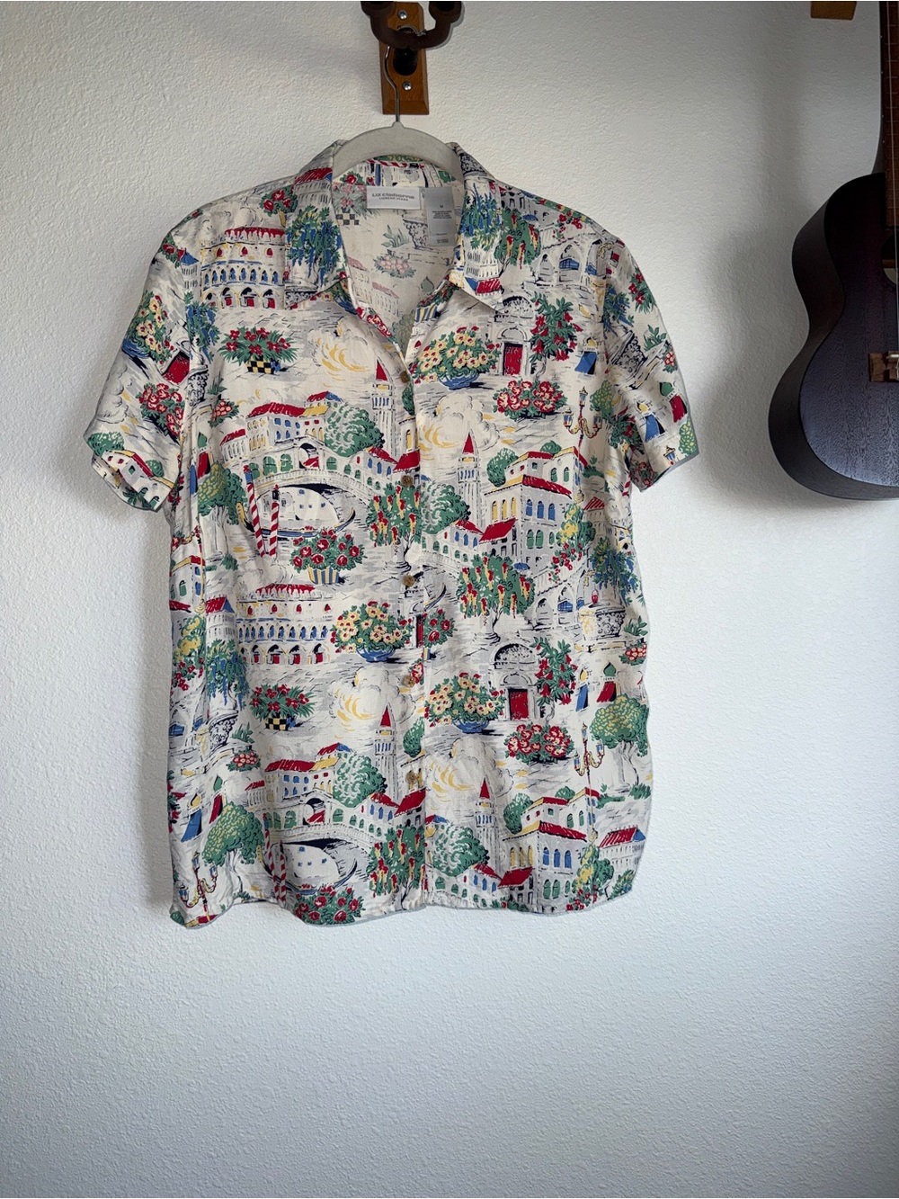 Liz Claiborne Silk Venice Italy Print Button Up Blouse coastal Vacation Sz M